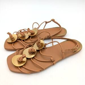 Tory Burch Artisanal Knotted Leather Sandal Elba Camello Goldtone Size US5M EU36